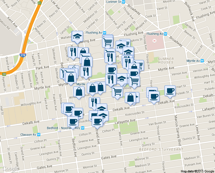 map of restaurants, bars, coffee shops, grocery stores, and more near 806 Myrtle Avenue in Brooklyn