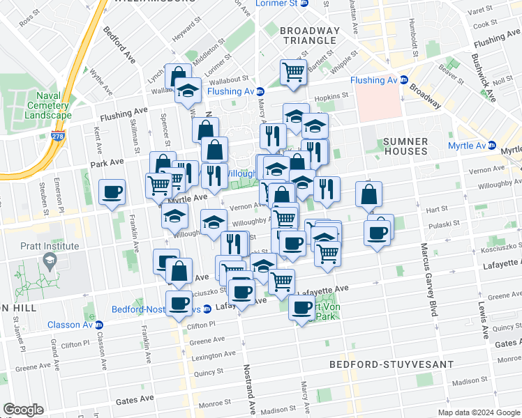 map of restaurants, bars, coffee shops, grocery stores, and more near 806 Myrtle Avenue in Brooklyn