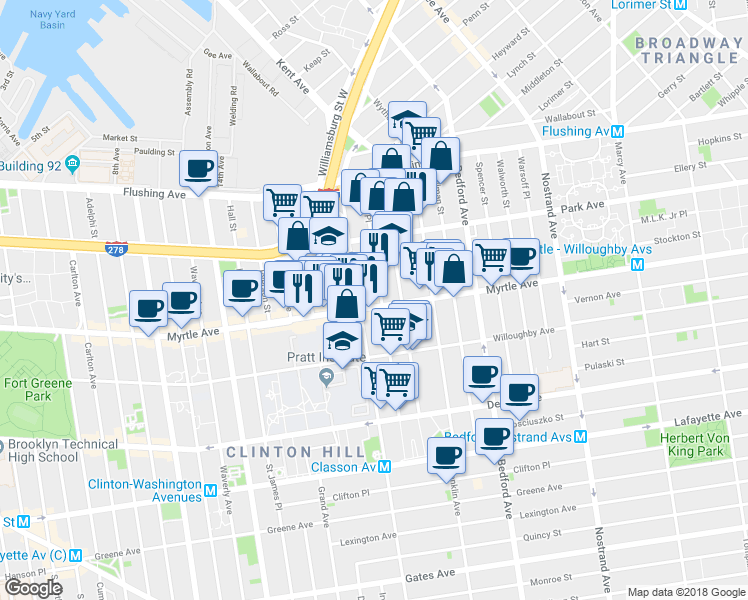 map of restaurants, bars, coffee shops, grocery stores, and more near 121 Taaffe Place in Brooklyn