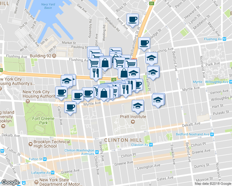 map of restaurants, bars, coffee shops, grocery stores, and more near 90 Ryerson Street in Brooklyn