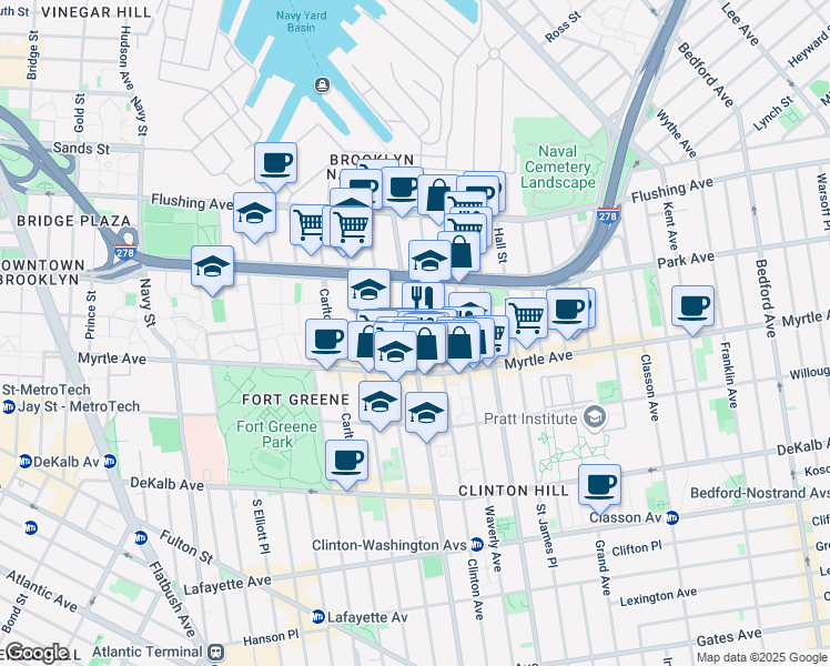 map of restaurants, bars, coffee shops, grocery stores, and more near 86 Clinton Avenue in Brooklyn