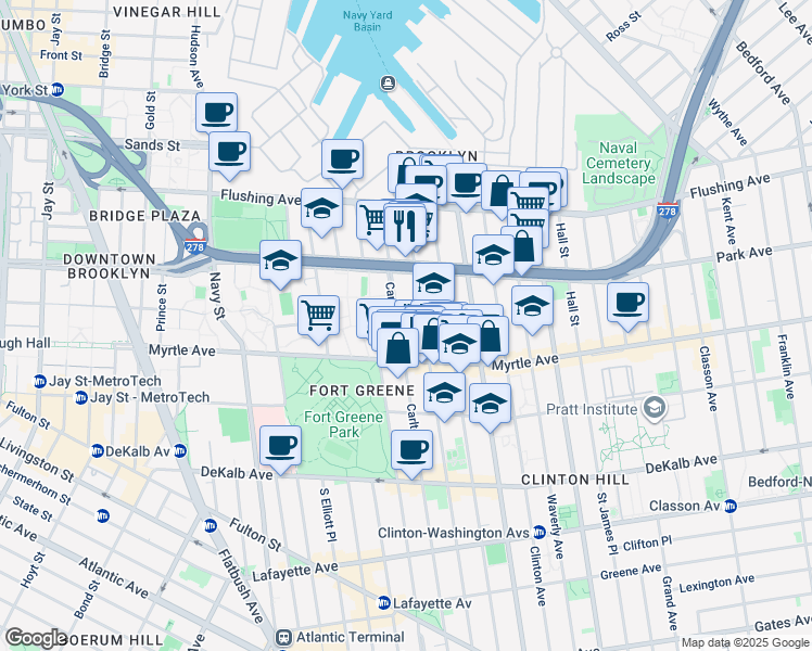 map of restaurants, bars, coffee shops, grocery stores, and more near 94 Adelphi Street in Brooklyn
