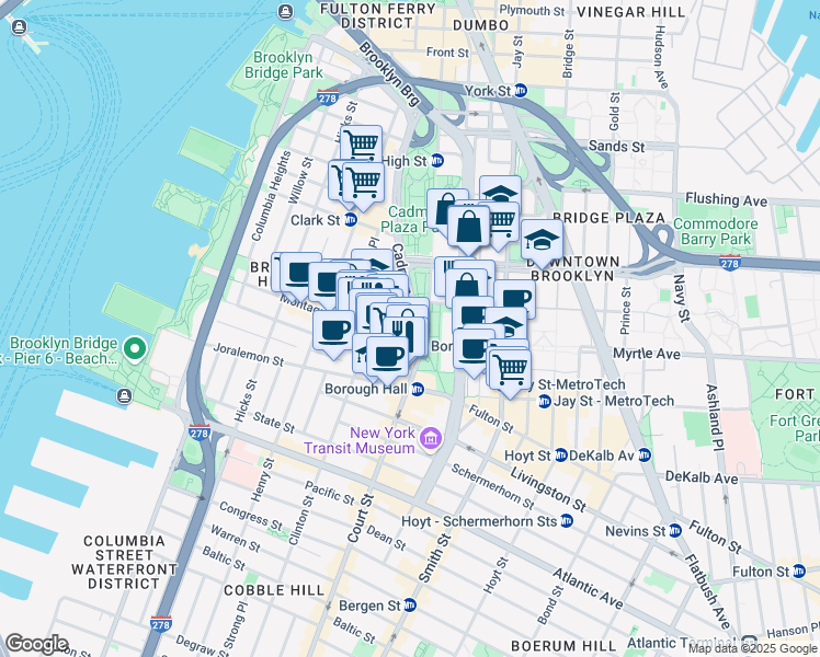 map of restaurants, bars, coffee shops, grocery stores, and more near 287 Cadman Plaza West in Brooklyn