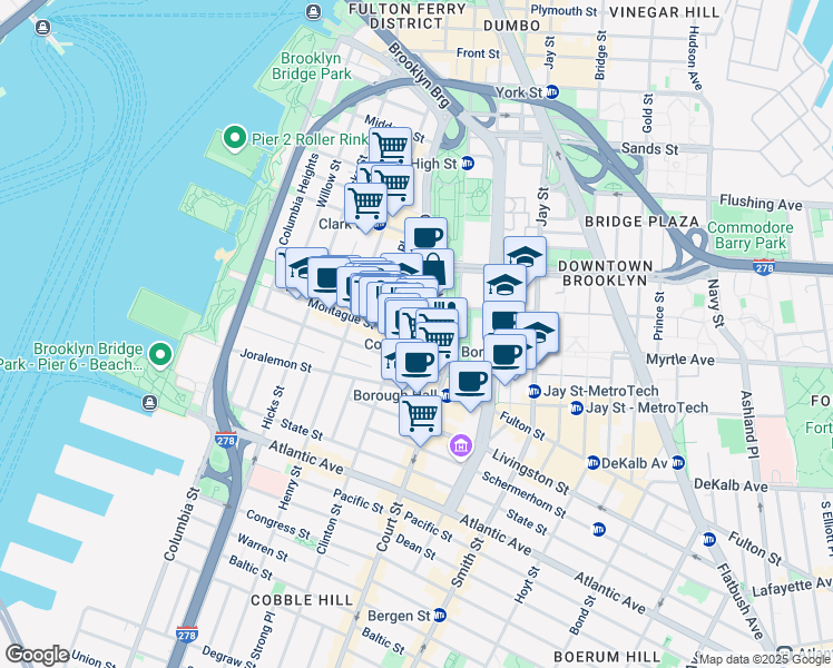map of restaurants, bars, coffee shops, grocery stores, and more near 134 Pierrepont Street in Brooklyn