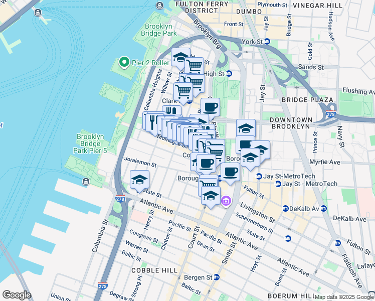 map of restaurants, bars, coffee shops, grocery stores, and more near 130 Montague Street in Brooklyn