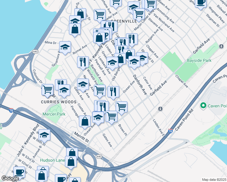 map of restaurants, bars, coffee shops, grocery stores, and more near 148 Pearsall Avenue in Jersey City