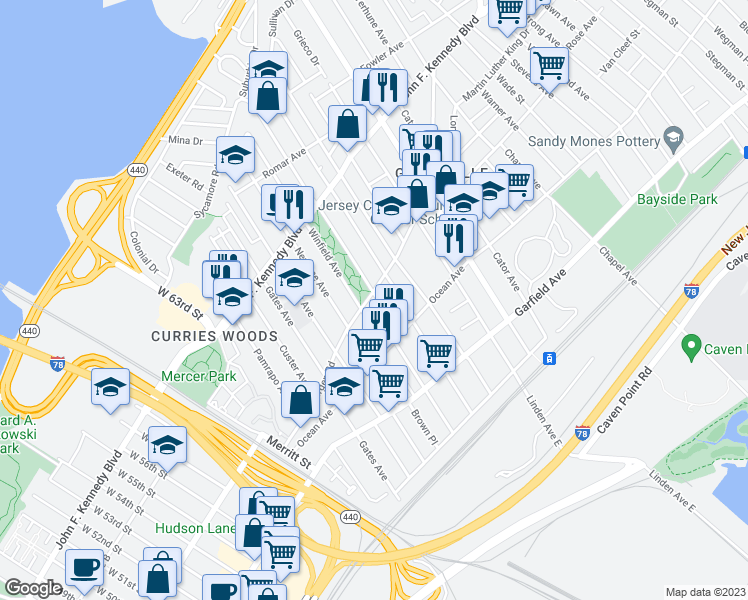 map of restaurants, bars, coffee shops, grocery stores, and more near 68 Bartholdi Avenue in Jersey City