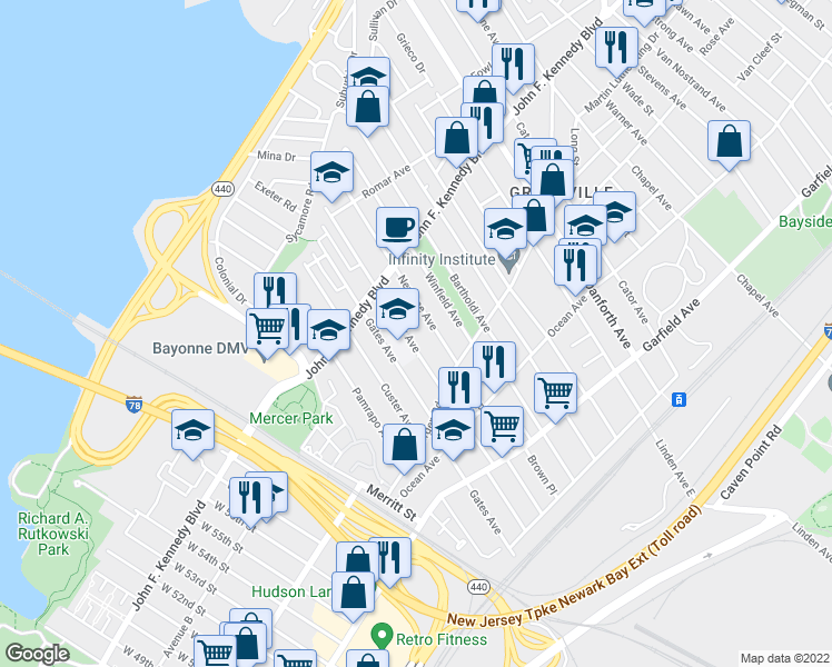 map of restaurants, bars, coffee shops, grocery stores, and more near 190 Neptune Avenue in Jersey City