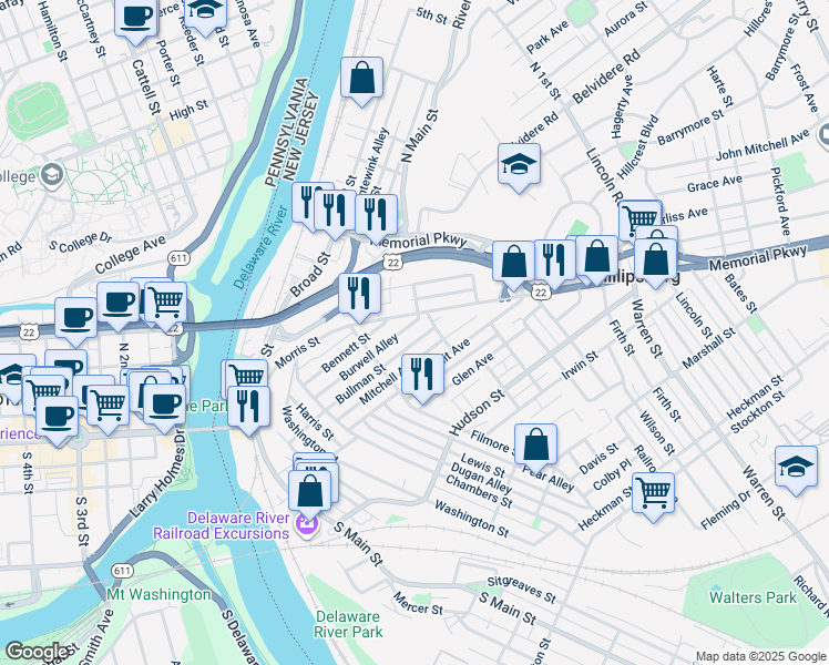 map of restaurants, bars, coffee shops, grocery stores, and more near 211 Morris Street in Phillipsburg