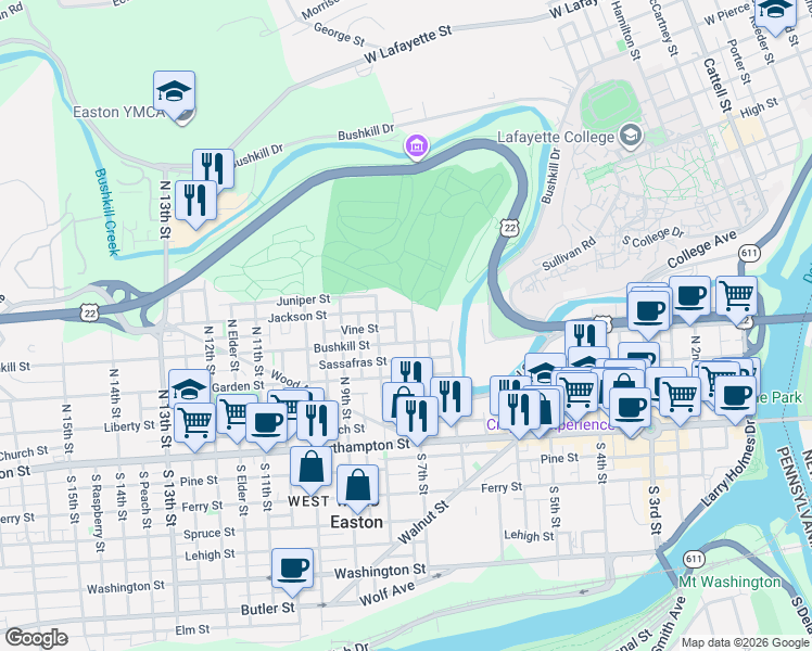 map of restaurants, bars, coffee shops, grocery stores, and more near 711 Jackson Street in Easton