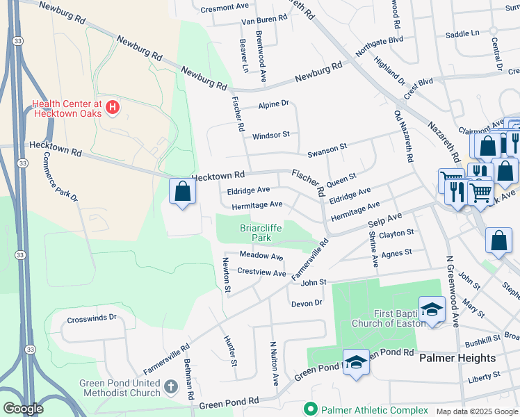 map of restaurants, bars, coffee shops, grocery stores, and more near 3028 Eldridge Avenue in Easton