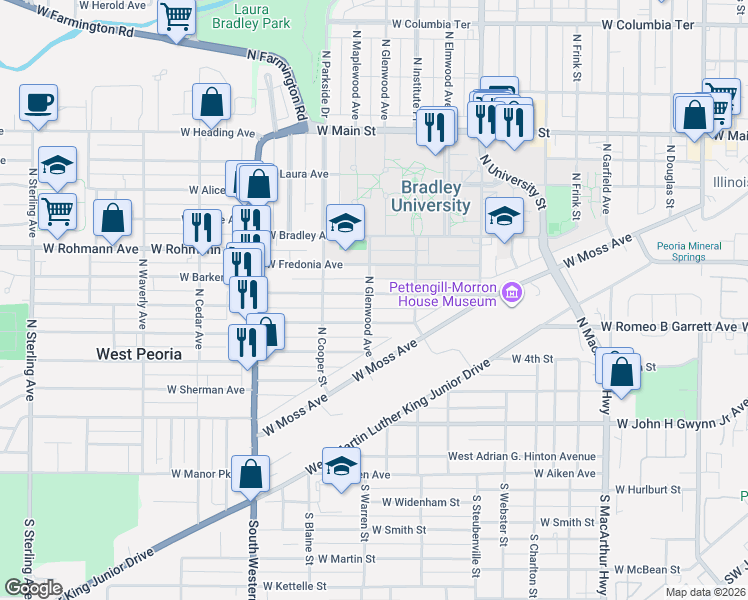 map of restaurants, bars, coffee shops, grocery stores, and more near 1522 West Fredonia Avenue in Peoria