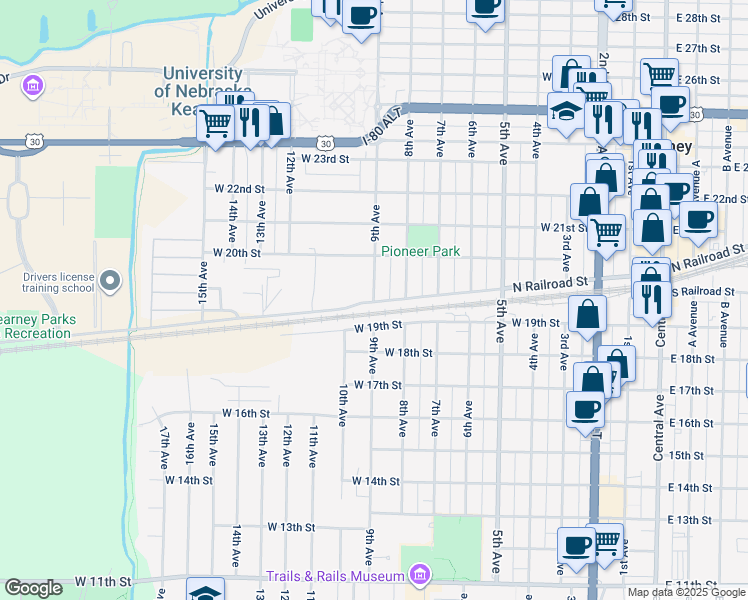 map of restaurants, bars, coffee shops, grocery stores, and more near 1900-1998 9th Ave in Kearney