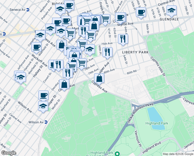 map of restaurants, bars, coffee shops, grocery stores, and more near 59-23 Cooper Avenue in Queens