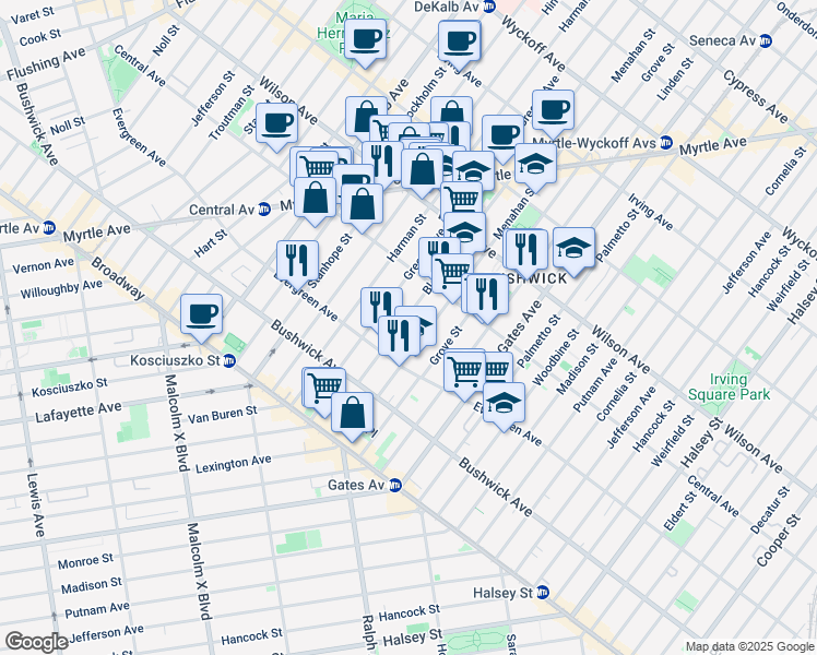 map of restaurants, bars, coffee shops, grocery stores, and more near 93 Bleecker Street in Brooklyn