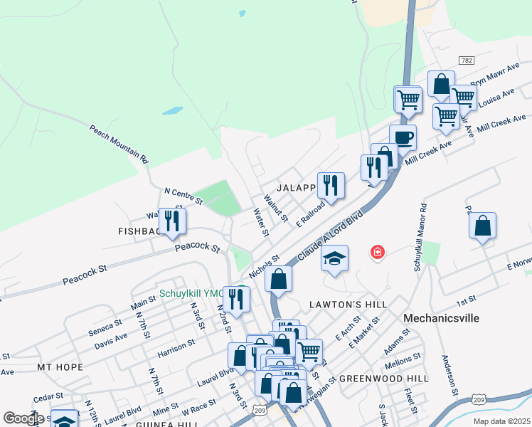 map of restaurants, bars, coffee shops, grocery stores, and more near 745 Hornung Street in Pottsville