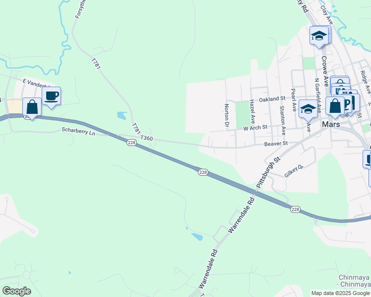 map of restaurants, bars, coffee shops, grocery stores, and more near 525 Beaver Street Extension in Mars