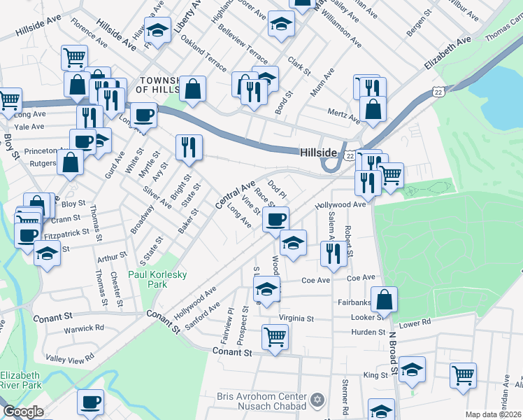 map of restaurants, bars, coffee shops, grocery stores, and more near 33 Race Street in Hillside