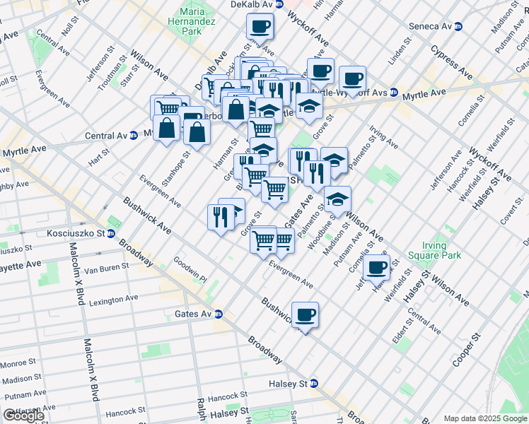 map of restaurants, bars, coffee shops, grocery stores, and more near 344 Central Avenue in Brooklyn