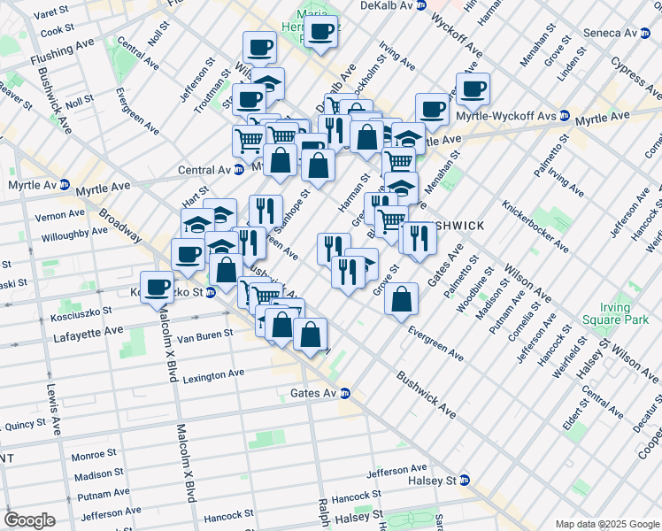 map of restaurants, bars, coffee shops, grocery stores, and more near 1161 Greene Avenue in Brooklyn