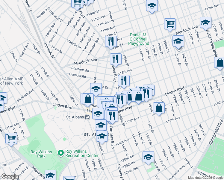 map of restaurants, bars, coffee shops, grocery stores, and more near 190-20 Quencer Road in Queens