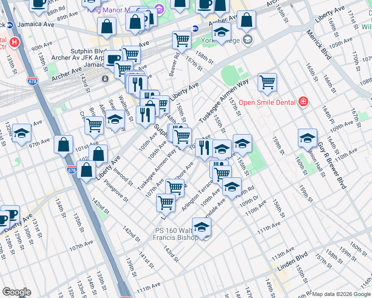 map of restaurants, bars, coffee shops, grocery stores, and more near 14726 Tuskegee Airmen Way in Queens