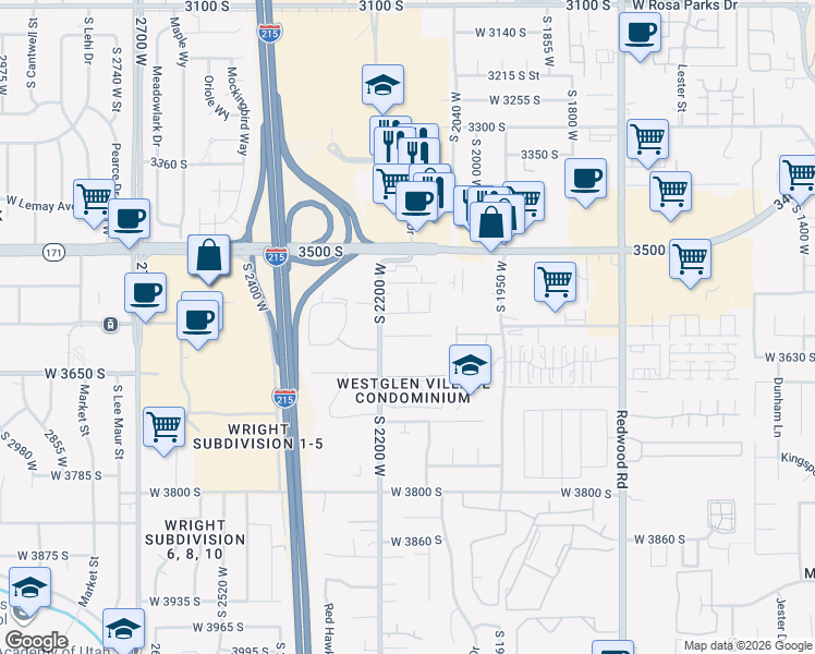 map of restaurants, bars, coffee shops, grocery stores, and more near 2170 3590 South in West Valley City