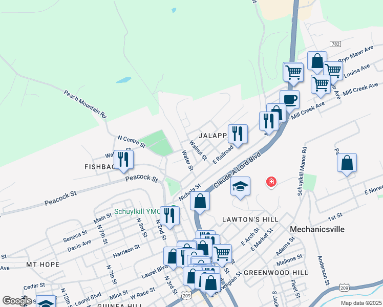 map of restaurants, bars, coffee shops, grocery stores, and more near 745 Hornung Street in Pottsville