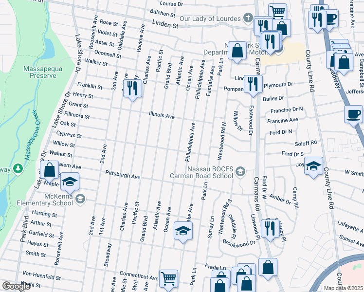 map of restaurants, bars, coffee shops, grocery stores, and more near 372 Ocean Avenue in Massapequa Park