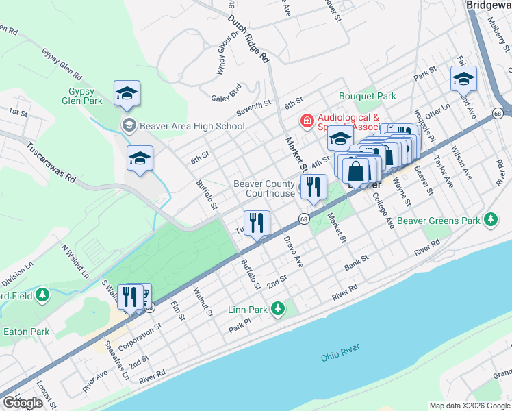 map of restaurants, bars, coffee shops, grocery stores, and more near 1004 4th Street in Beaver