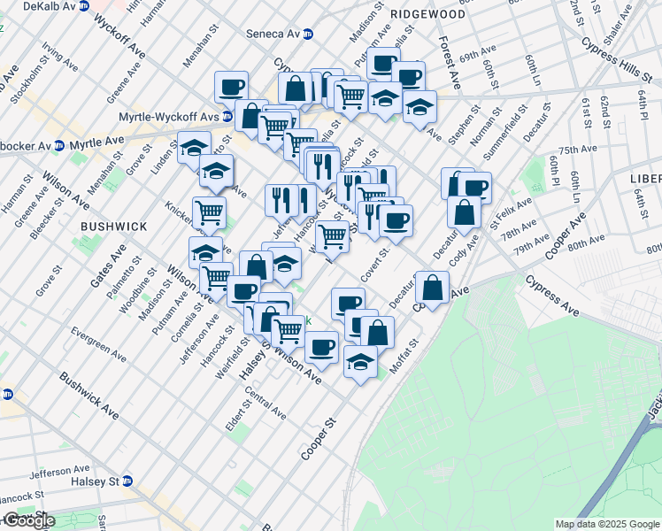 map of restaurants, bars, coffee shops, grocery stores, and more near 1328 Halsey Street in Brooklyn