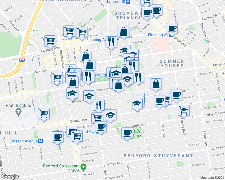 map of restaurants, bars, coffee shops, grocery stores, and more near 62 Vernon Avenue in Brooklyn