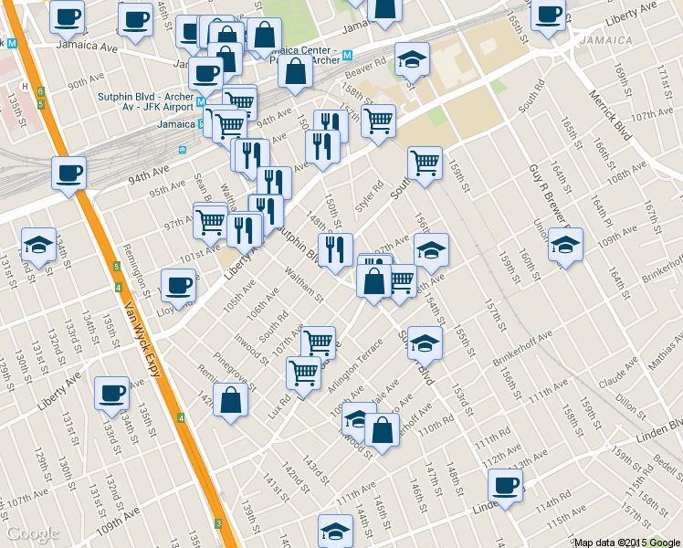 map of restaurants, bars, coffee shops, grocery stores, and more near 106-47 Sutphin Blvd in Queens