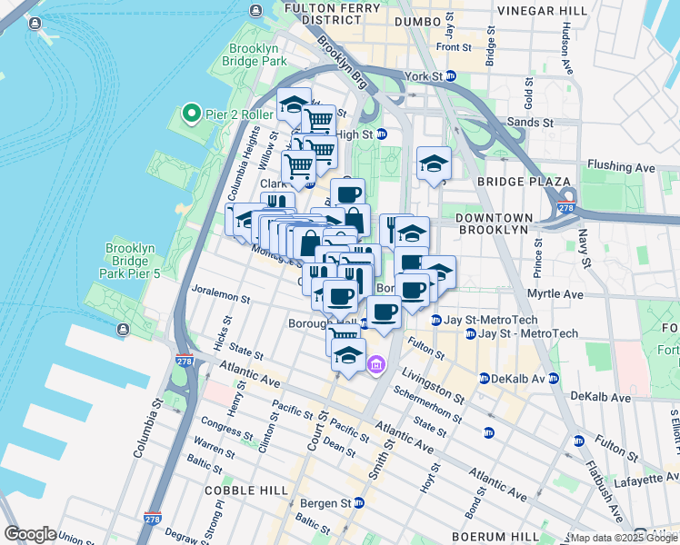 map of restaurants, bars, coffee shops, grocery stores, and more near 185 Montague Street in Brooklyn