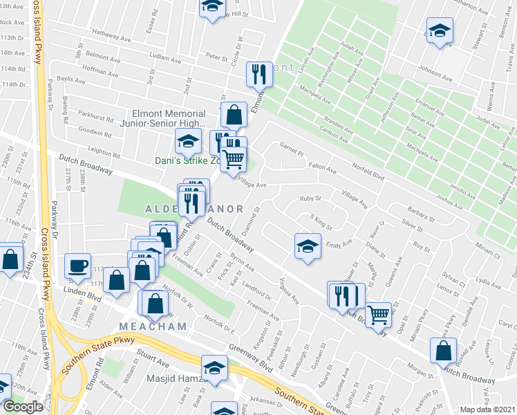 map of restaurants, bars, coffee shops, grocery stores, and more near 54 Diamond Street in Elmont