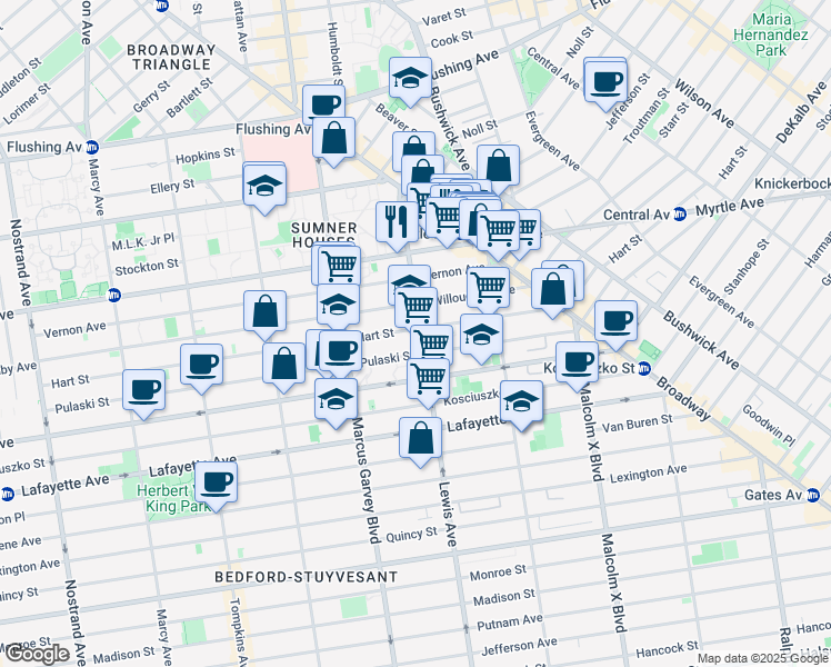 map of restaurants, bars, coffee shops, grocery stores, and more near 80 Lewis Avenue in Brooklyn