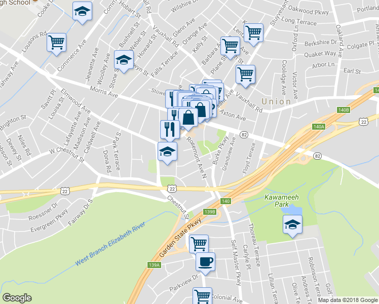 map of restaurants, bars, coffee shops, grocery stores, and more near 289 Hazel Place in Union