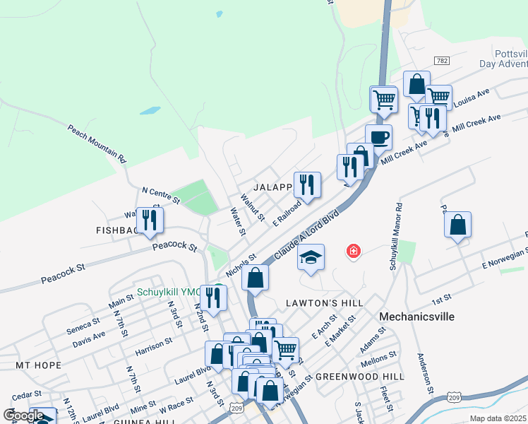 map of restaurants, bars, coffee shops, grocery stores, and more near 348 Front Street in Pottsville
