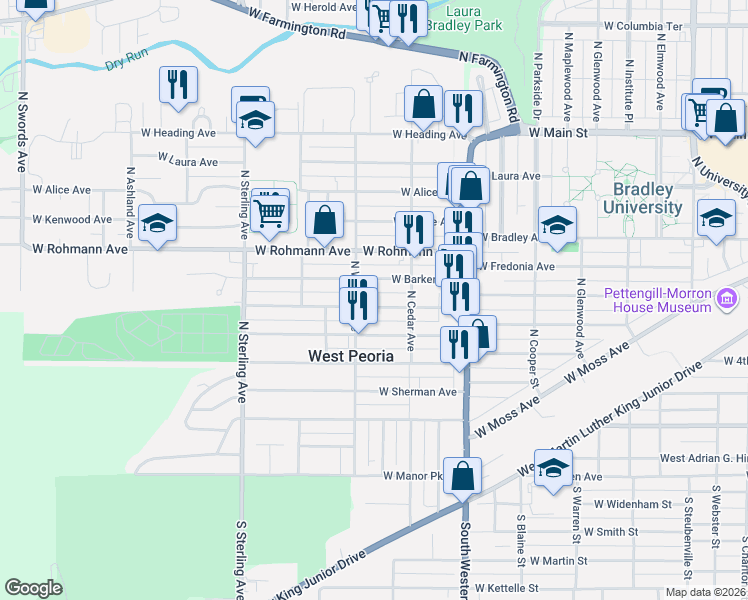 map of restaurants, bars, coffee shops, grocery stores, and more near 2108 West Barker Avenue in West Peoria
