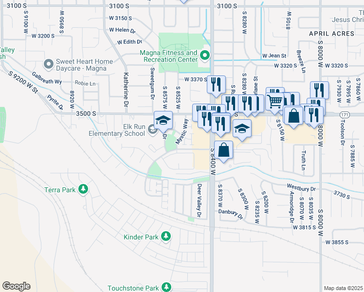 map of restaurants, bars, coffee shops, grocery stores, and more near 3584 Autumn Gate Court in Magna