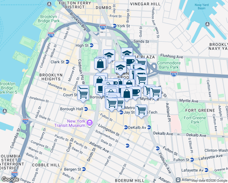 map of restaurants, bars, coffee shops, grocery stores, and more near 327 Jay Street in Brooklyn