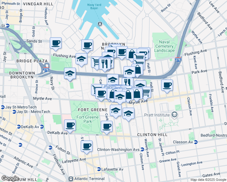map of restaurants, bars, coffee shops, grocery stores, and more near 100 Clermont Avenue in Brooklyn