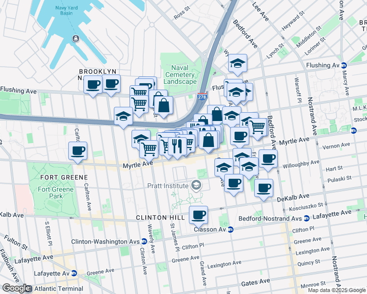 map of restaurants, bars, coffee shops, grocery stores, and more near 84 Steuben Street in Brooklyn
