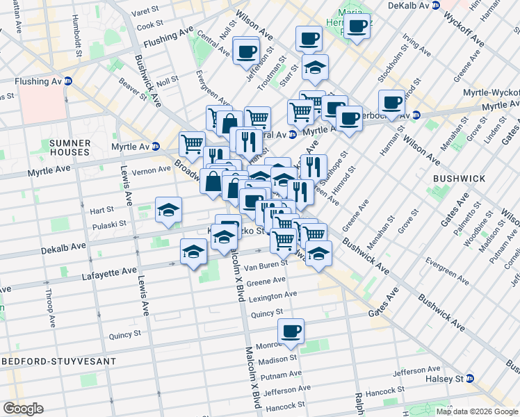 map of restaurants, bars, coffee shops, grocery stores, and more near 1143 Dekalb Avenue in Brooklyn