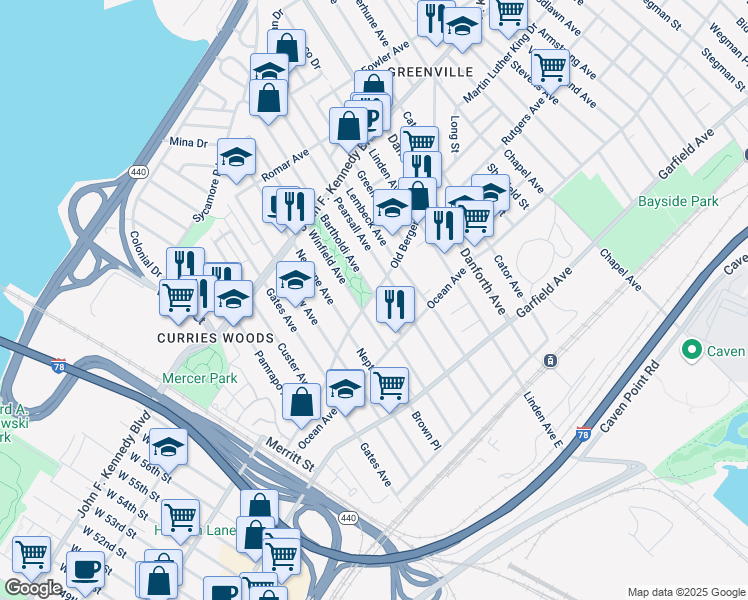 map of restaurants, bars, coffee shops, grocery stores, and more near 144 Old Bergen Road in Jersey City