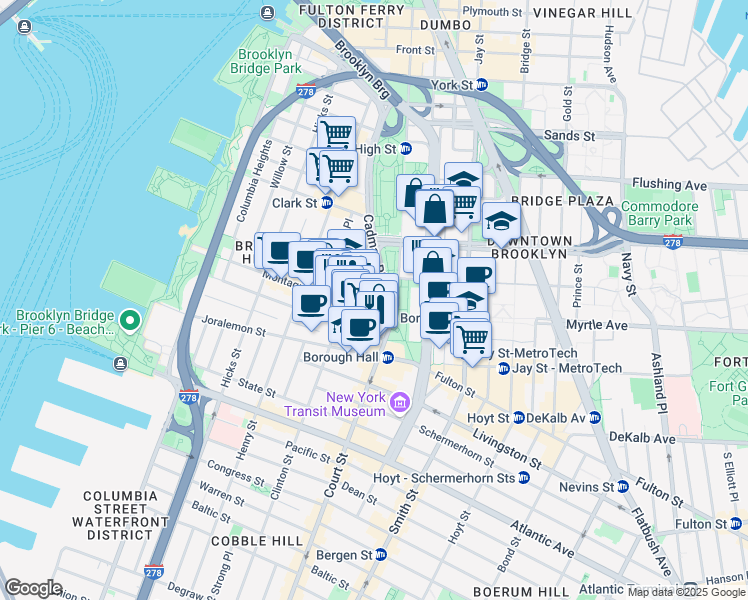 map of restaurants, bars, coffee shops, grocery stores, and more near 287 Cadman Plaza West in Brooklyn