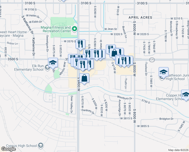 map of restaurants, bars, coffee shops, grocery stores, and more near 8287 West Joshua Tree Lane in Magna