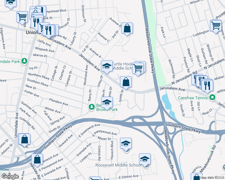 map of restaurants, bars, coffee shops, grocery stores, and more near 701 Martin Drive in Uniondale