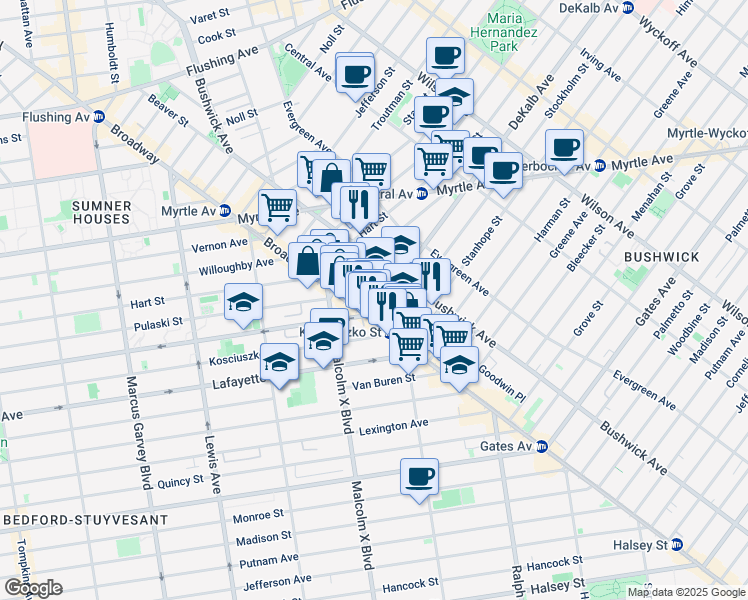 map of restaurants, bars, coffee shops, grocery stores, and more near 1171 DeKalb Avenue in Brooklyn