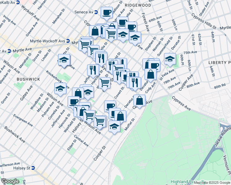 map of restaurants, bars, coffee shops, grocery stores, and more near in 
